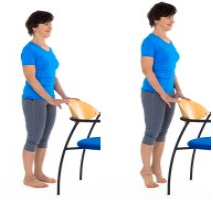 Woman standing behind a chair and holding onto it lightly with both hands. To the right of this is the same woman standing behind the chair on her toes whilst holding onto the back of the chair.