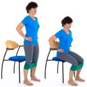 Woman standing with her back to a chair and an exercise band looped around her legs under her knees. An image of the same woman on the right sitting on the chair behind her with the band still looped around her legs.