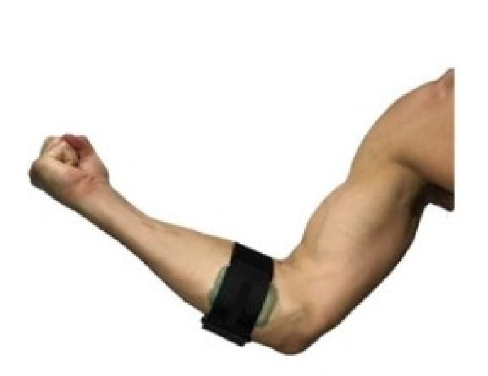 An arm tensing their bicep and fist clenches, with an elbow band placed on their arm under their elbow.