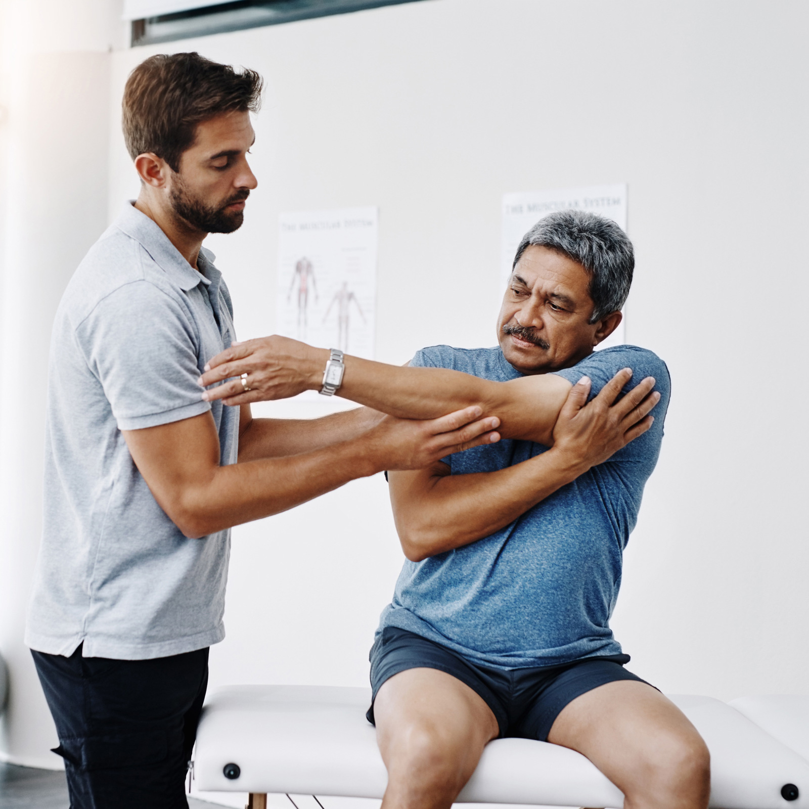 Healthcare Stretching Mature Man Clinic Helping Physiotherapist Exercise Fitness Hospital Workout Physiotherapy Patient Rehabilitation Concentration Person